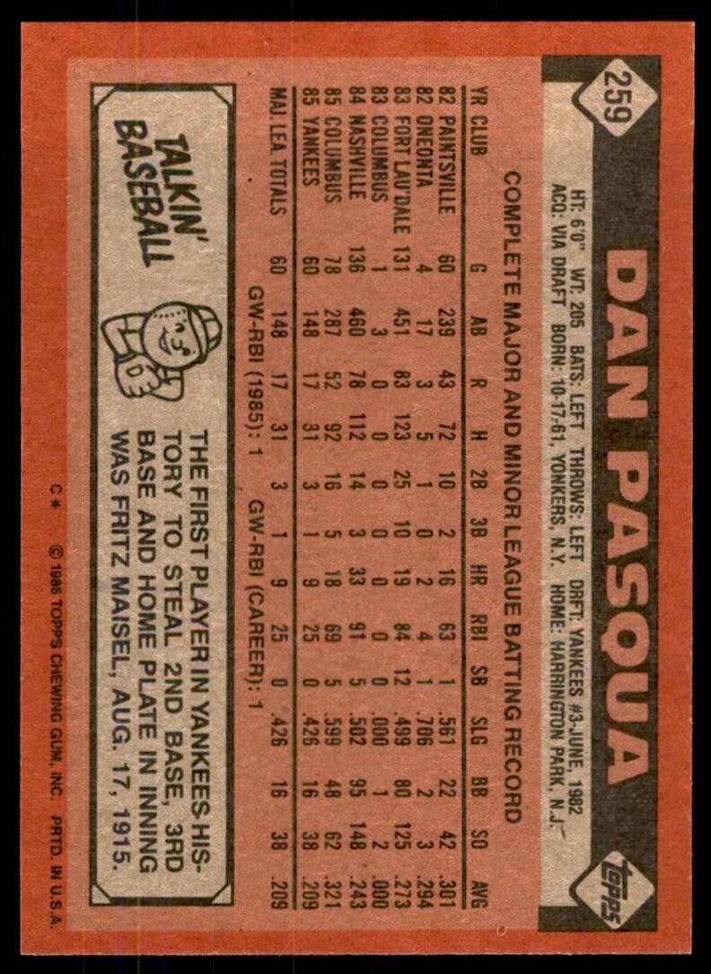 1986 Topps Baseball Card Dan Pasqua D New York Yankees #259