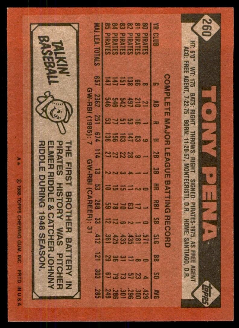 1986 Topps Baseball Card Tony Pena Pittsburgh Pirates #260