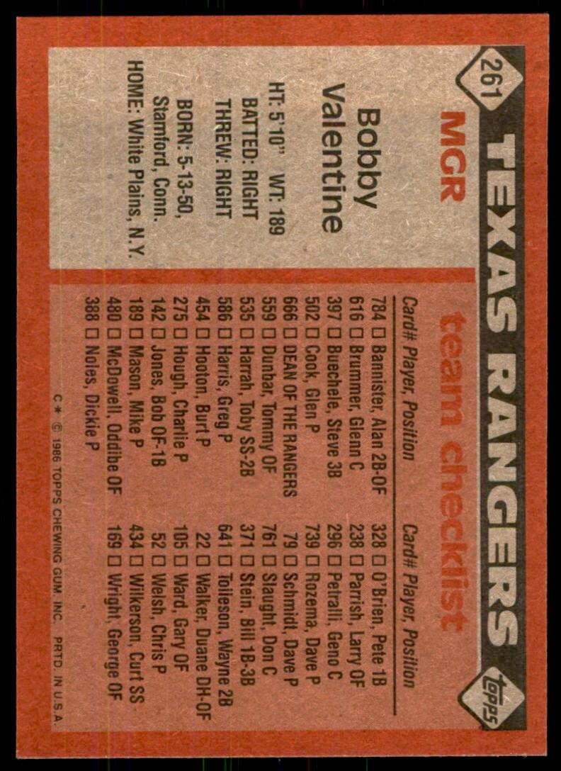 1986 Topps Baseball Card Bobby Valentine Texas Rangers #261