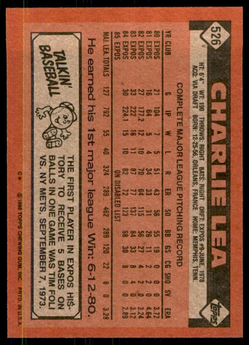 1986 Topps Baseball Card Charlie Lea Montreal Expos #526