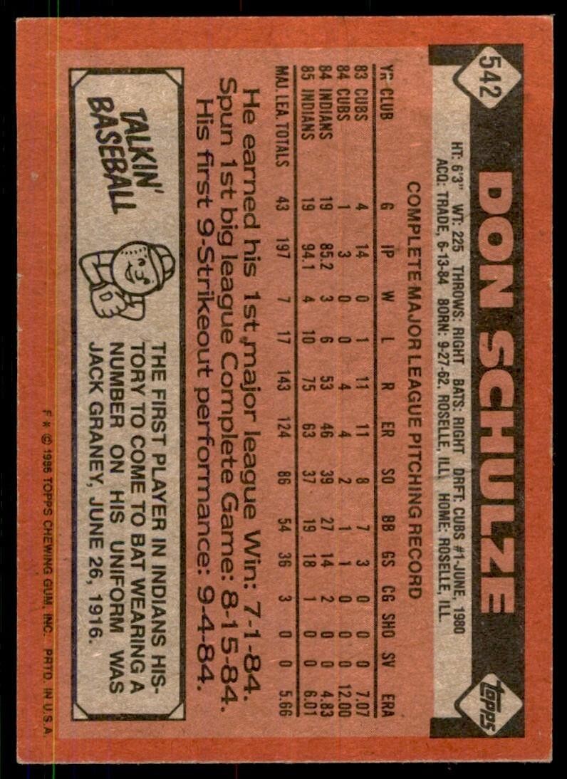 1986 Topps Baseball Card Don Schulze Cleveland Indians #542