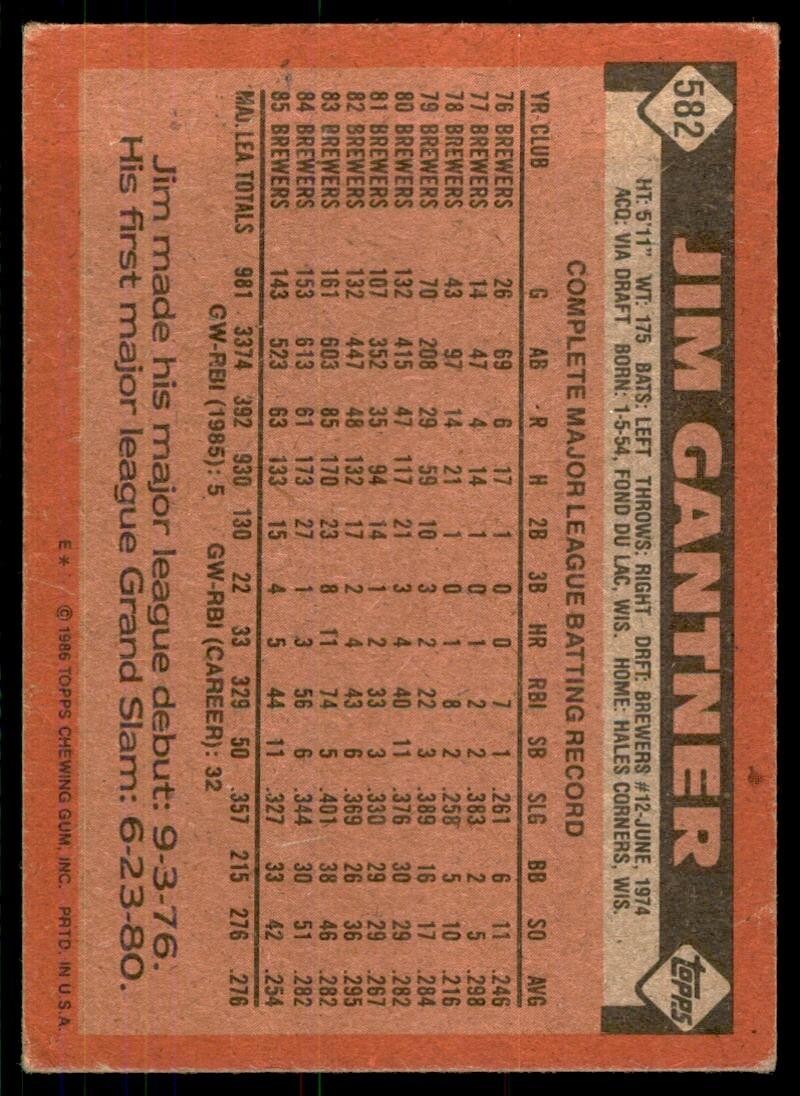 1986 Topps Baseball Card Jim Gantner Milwaukee Brewers #582