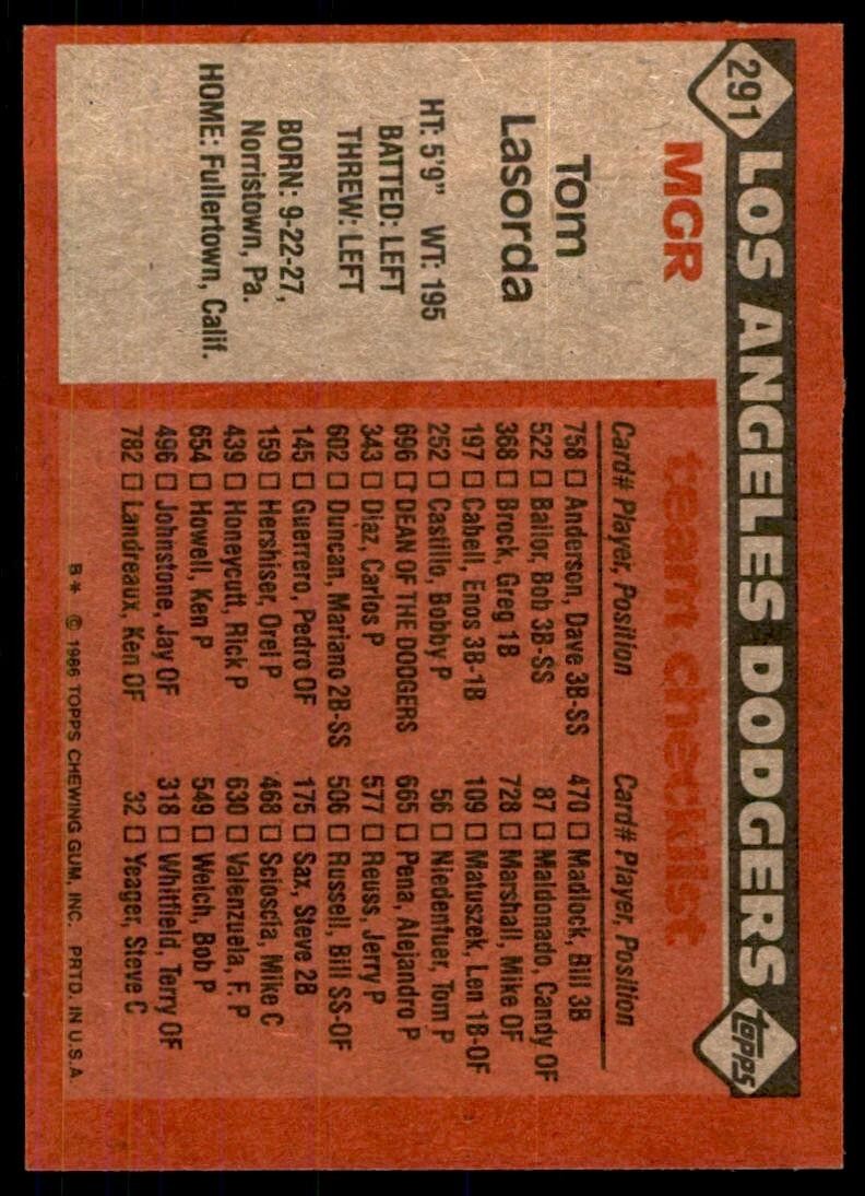 1986 Topps Baseball Card Tom Lasorda A Los Angeles Dodgers #291