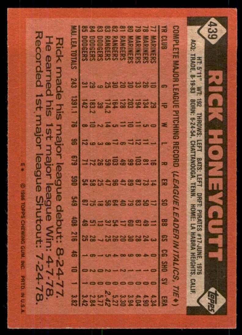 1986 Topps Baseball Card Rick Honeycutt Los Angeles Dodgers #439