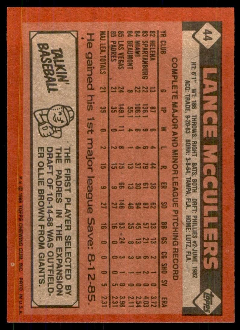 1986 Topps Baseball Card Lance McCullers Rookie D San Diego Padres #44