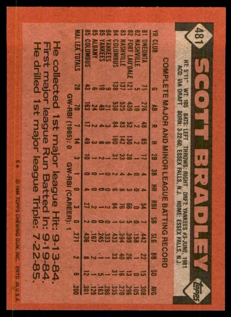 1986 Topps Baseball Card Scott Bradley C New York Yankees #481