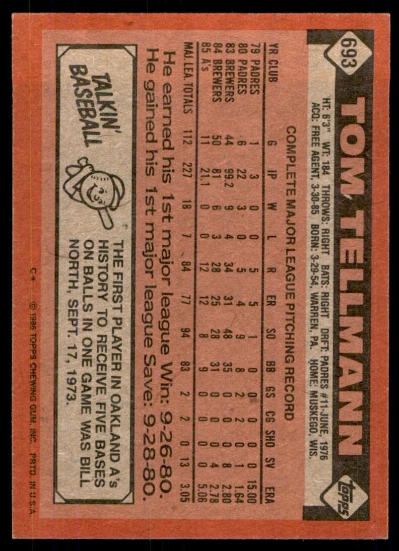 1986 Topps Baseball Card Tom Tellmann Oakland Athletics #693