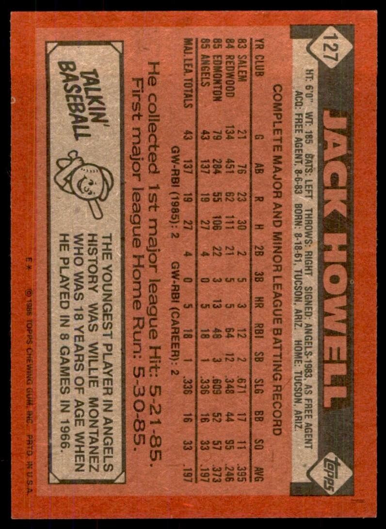 1986 Topps Baseball Card Jack Howell Rookie A California Angels #127
