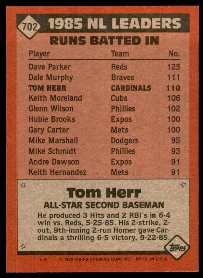 1986 Topps Baseball Card Tom Herr C St. Louis Cardinals #702