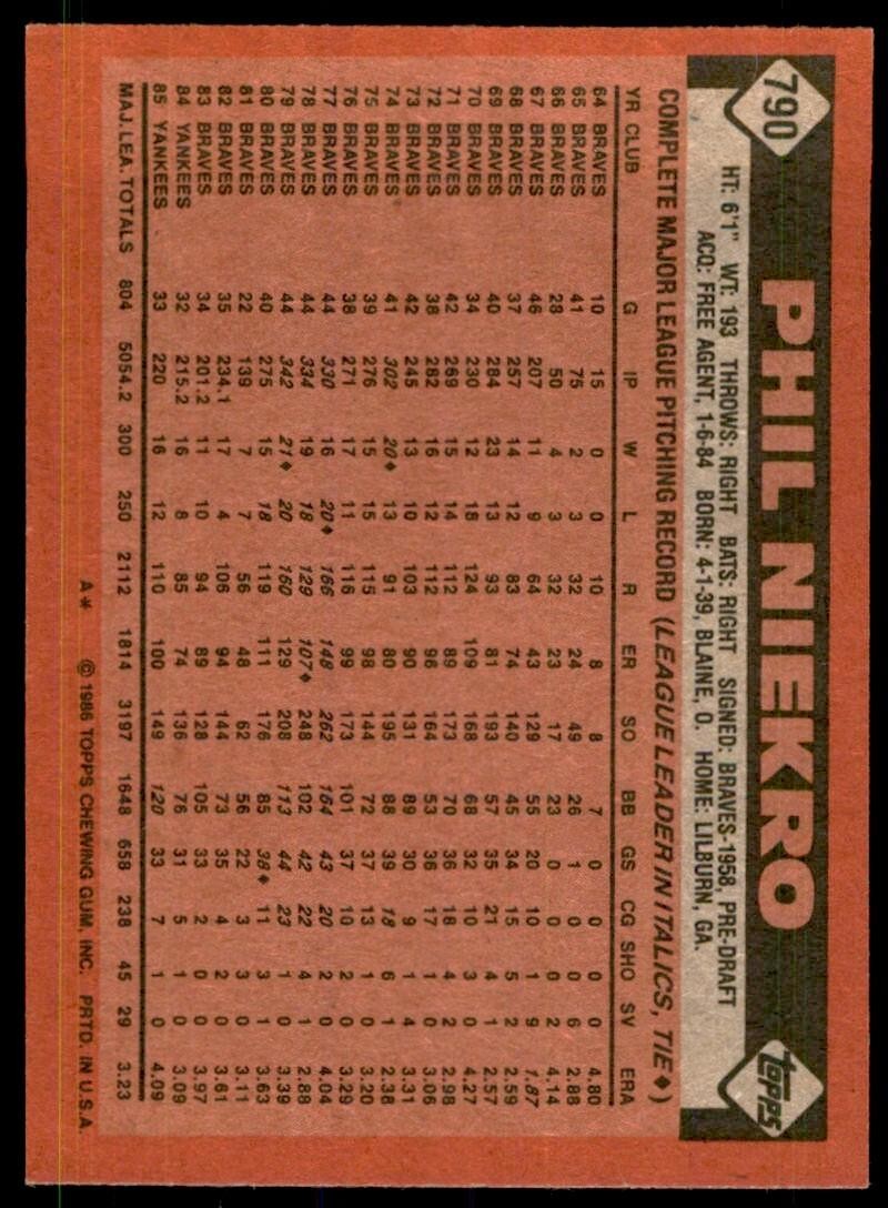 1986 Topps Phil Niekro New York Yankees #790