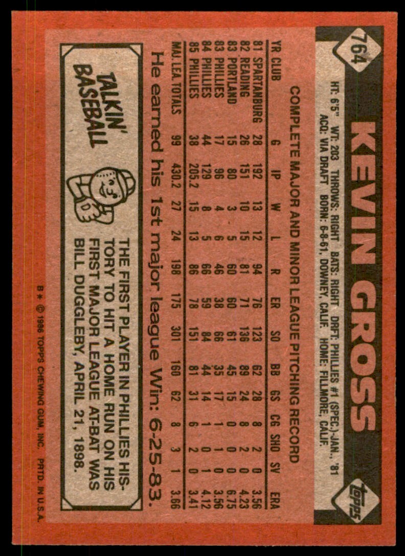 1986 Topps Kevin Gross Philadelphia Phillies #764