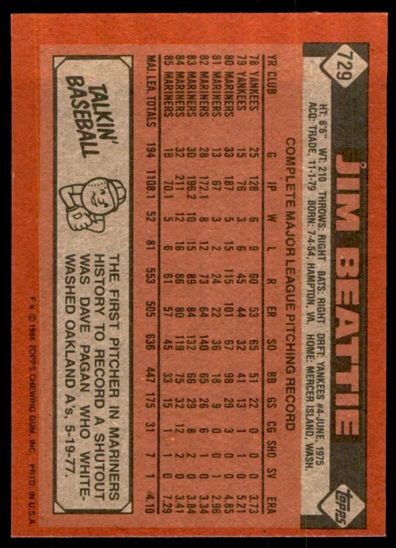 1986 Topps Jim Beattie Seattle Mariners #729