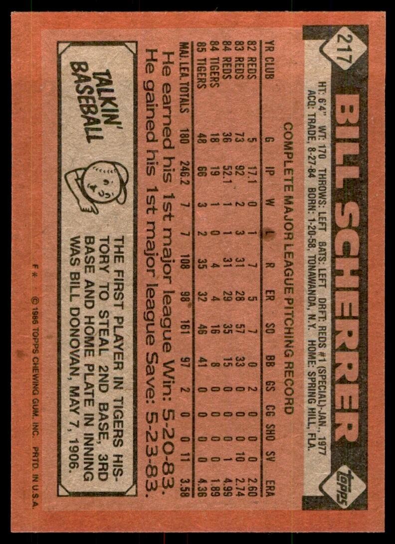 1986 Topps Bill Scherrer Detroit Tigers #217