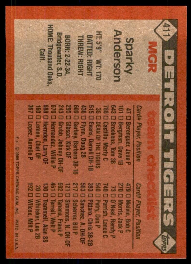 1986 Topps Sparky Anderson Detroit Tigers #411