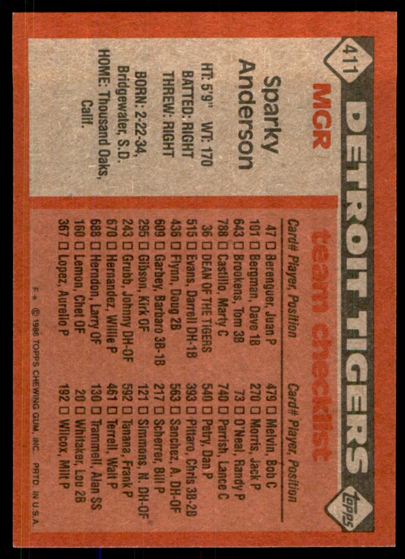 1986 Topps Sparky Anderson C Detroit Tigers #411