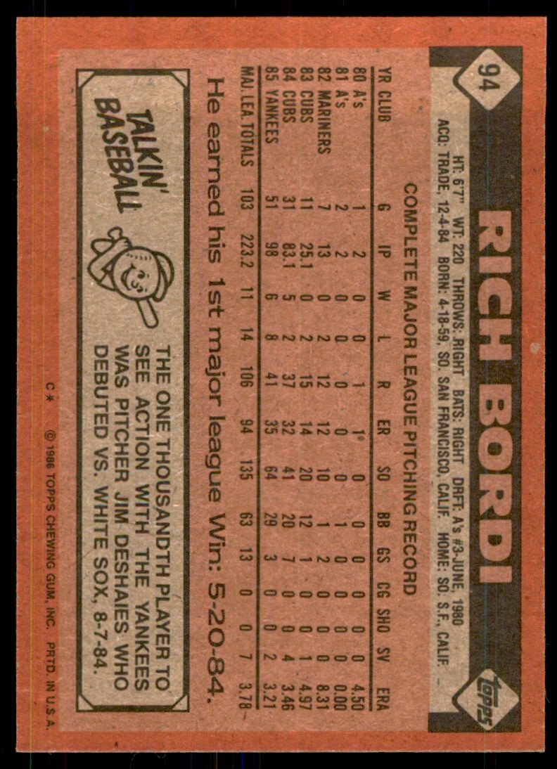 1986 Topps Rich Bordi New York Yankees #94