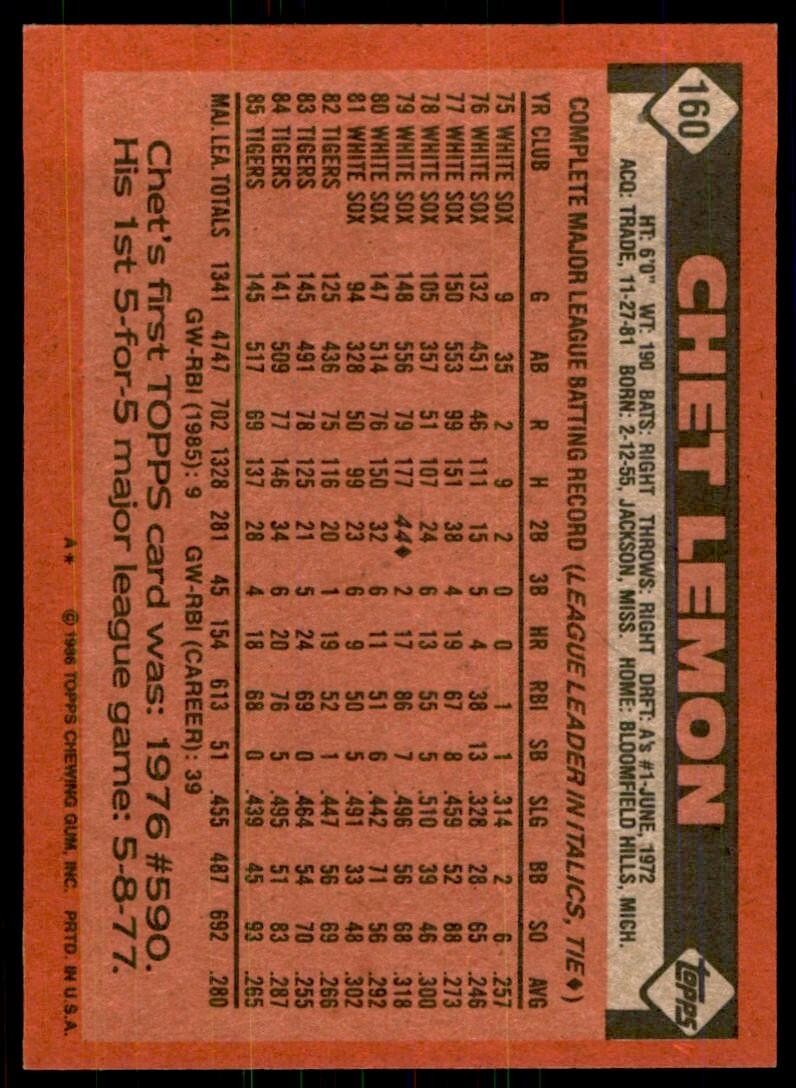 1986 Topps Baseball Card Chet Lemon B Detroit Tigers #160