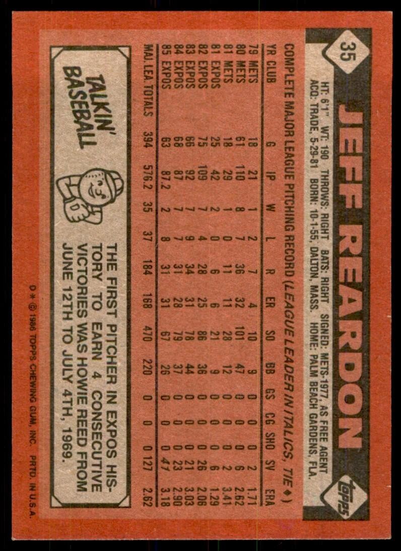 1986 Topps Baseball Card Jeff Reardon A Montreal Expos #35