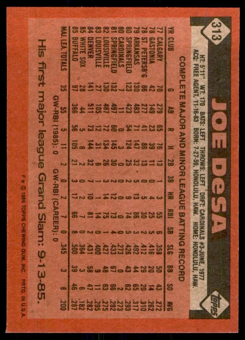1986 Topps Baseball Card Joe DeSa Rookie B #313