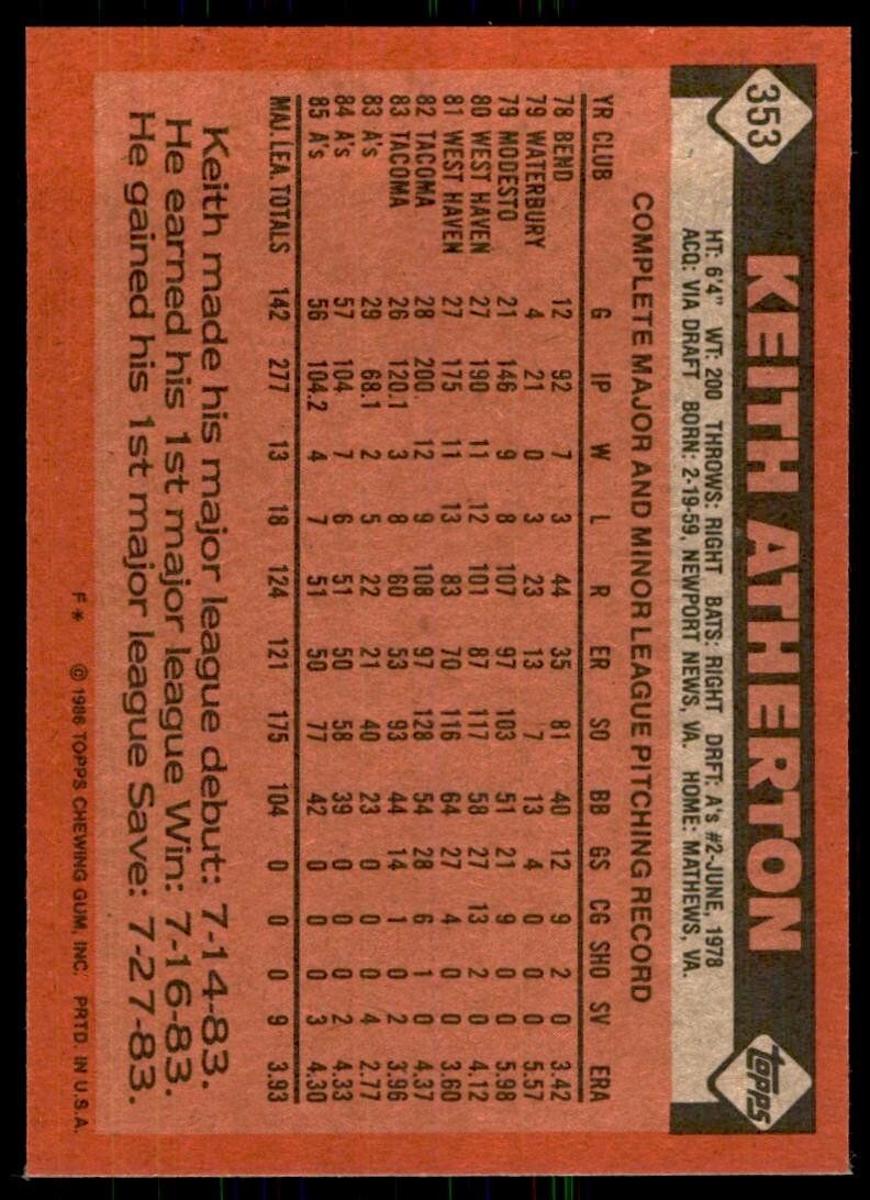1986 Topps Baseball Card Keith Atherton Oakland Athletics #353