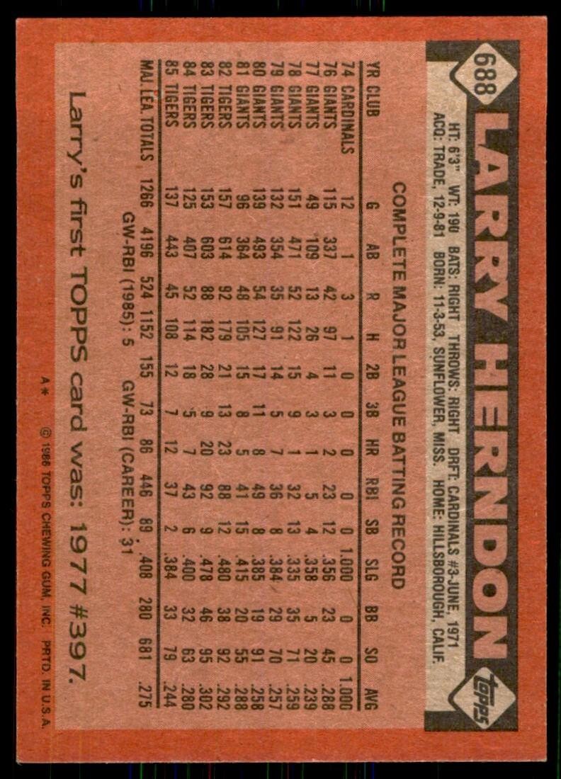 1986 Topps Baseball Card Larry Herndon Detroit Tigers #688