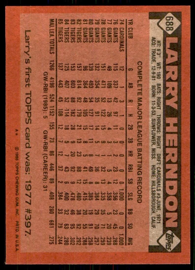 1986 Topps Baseball Card Larry Herndon B Detroit Tigers #688