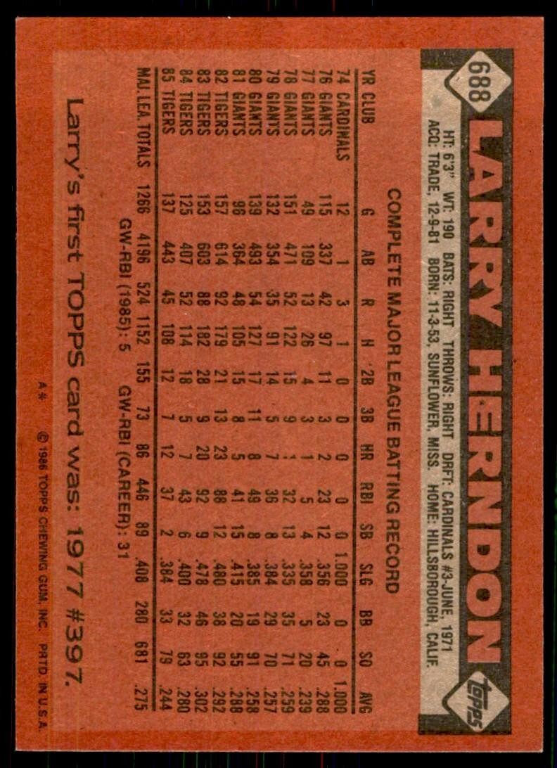 1986 Topps Baseball Card Larry Herndon C Detroit Tigers #688