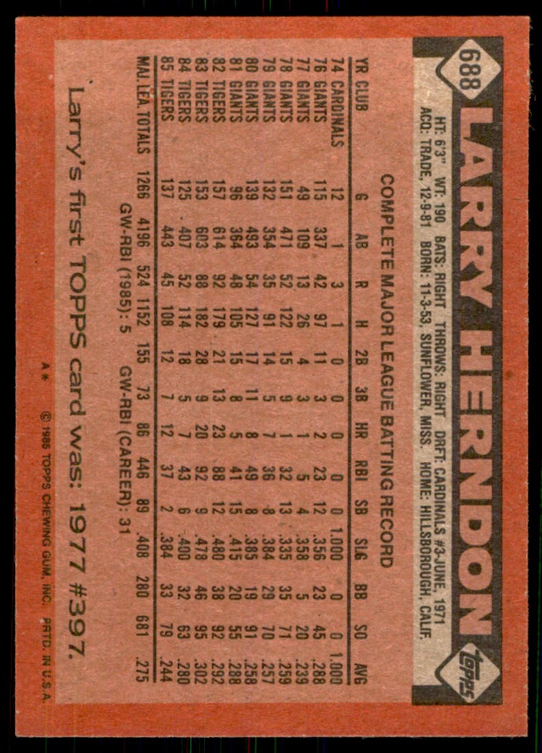 1986 Topps Baseball Card Larry Herndon D Detroit Tigers #688