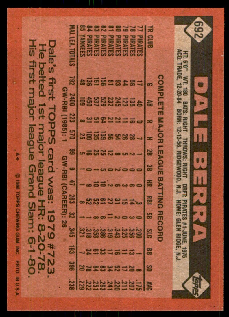 1986 Topps Baseball Card Dale Berra New York Yankees #692