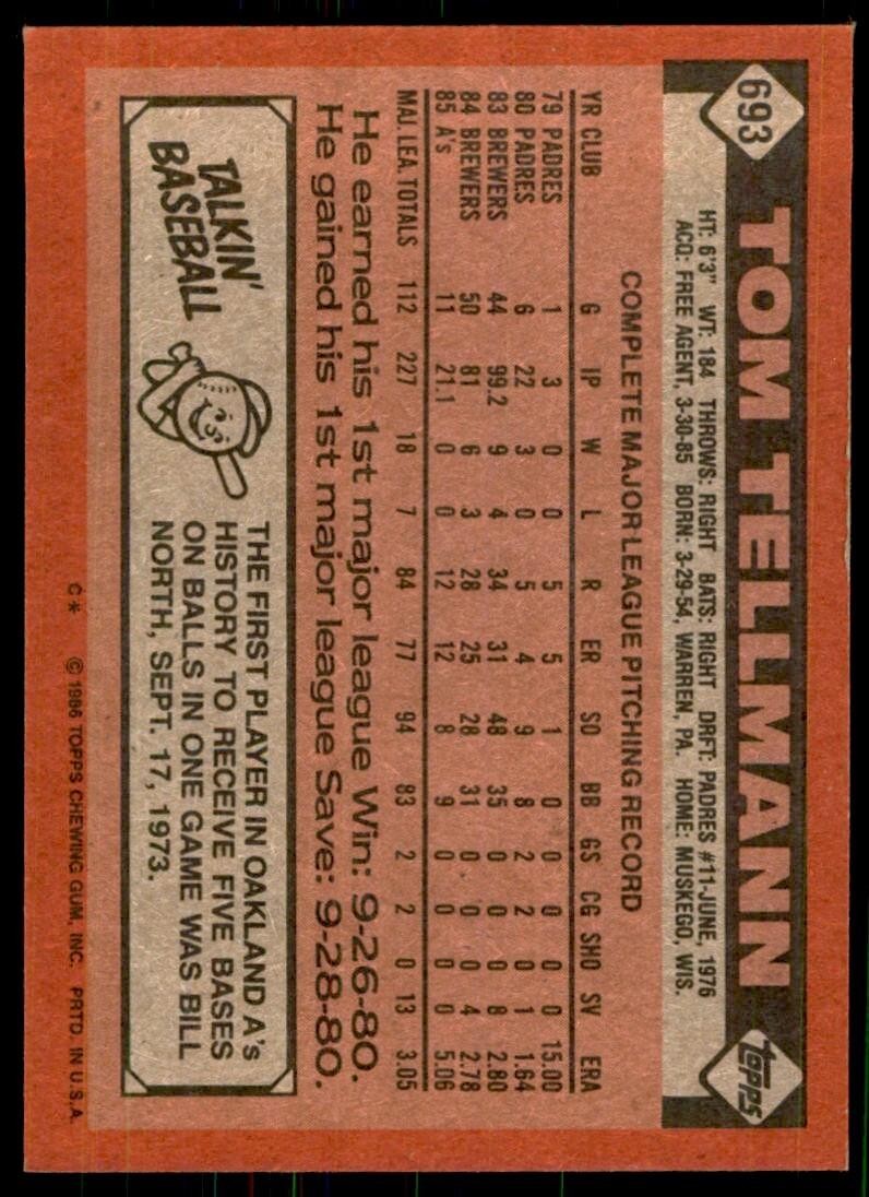 1986 Topps Baseball Card Tom Tellmann E Oakland Athletics #693