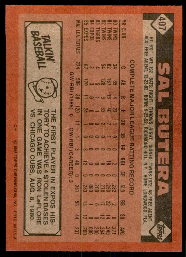 1986 Topps Baseball Card Sal Butera Montreal Expos #407