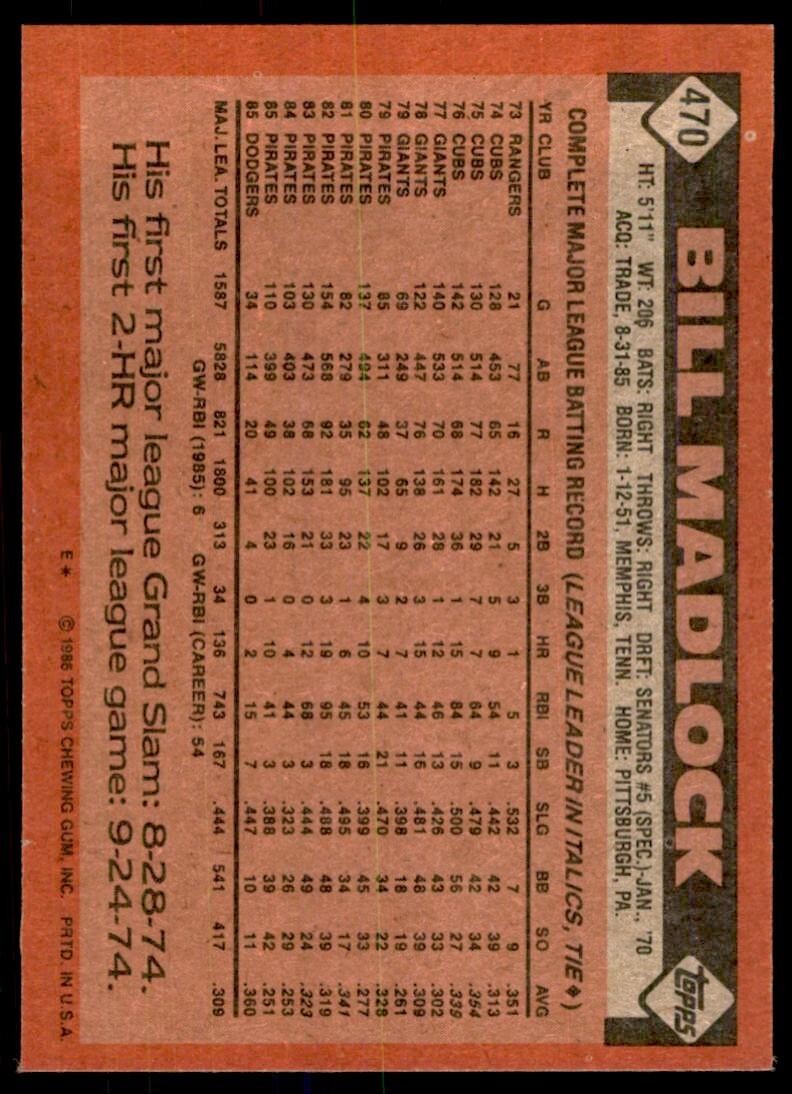 1986 Topps Baseball Card Bill Madlock Los Angeles Dodgers #470