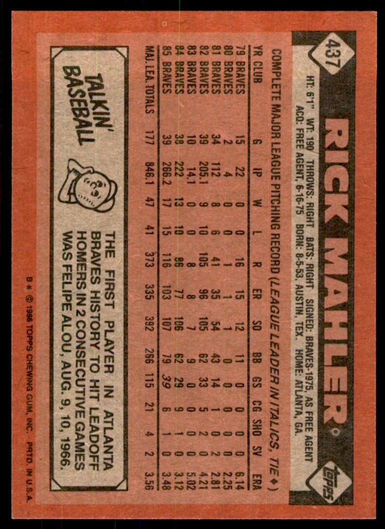 1986 Topps Baseball Card Rick Mahler E Atlanta Braves #437