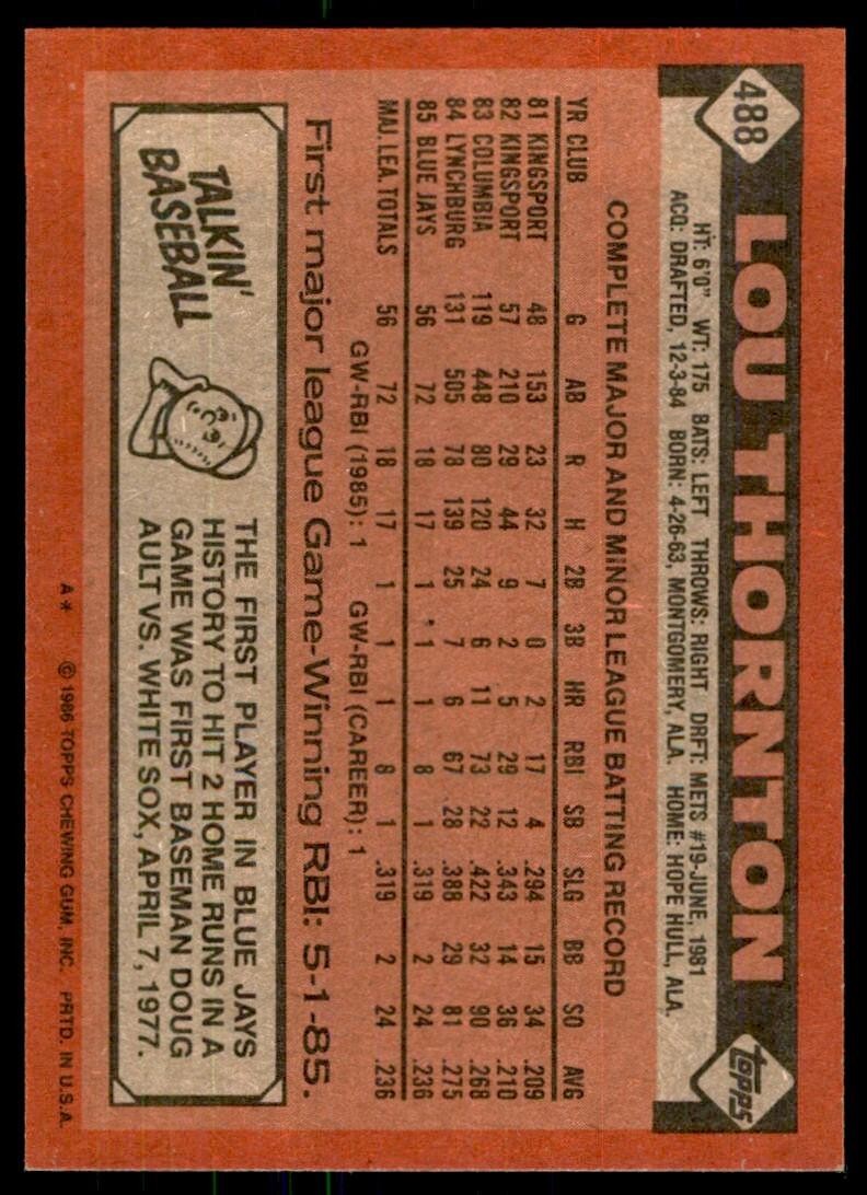 1986 Topps Baseball Card Lou Thornton Rookie Toronto Blue Jays #488