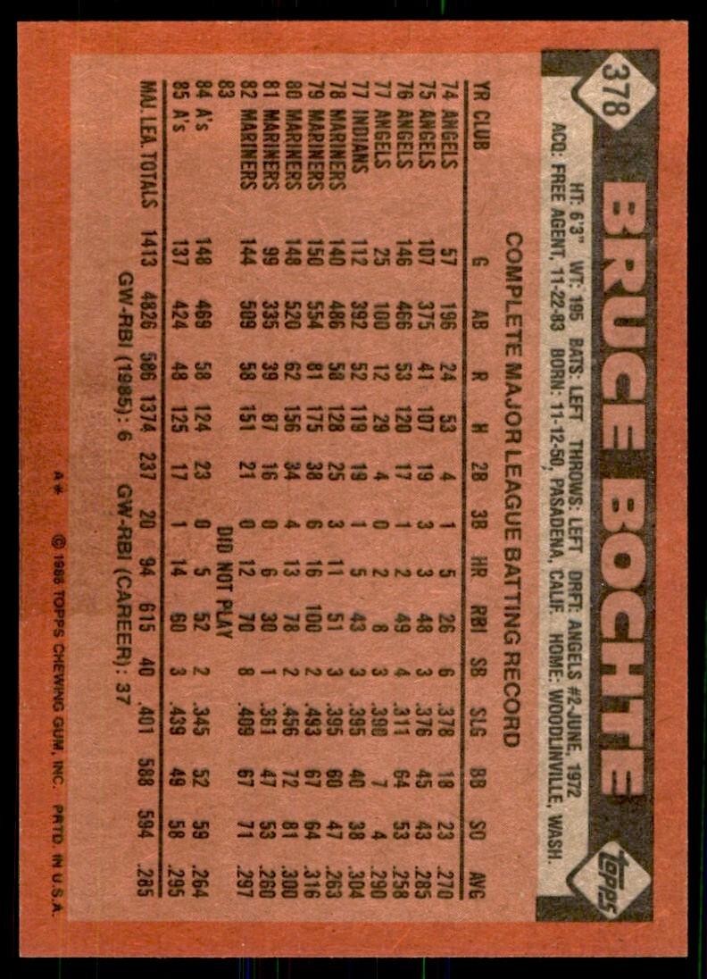 1986 Topps Baseball Card Bruce Bochte Oakland Athletics #378