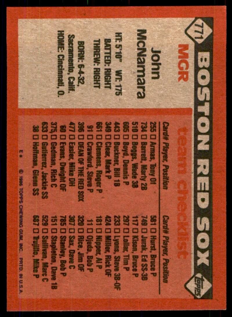 1986 Topps Baseball Card John McNamara D Boston Red Sox #771