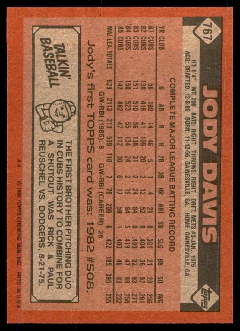 1986 Topps Baseball Card Jody Davis CC Chicago Cubs #767