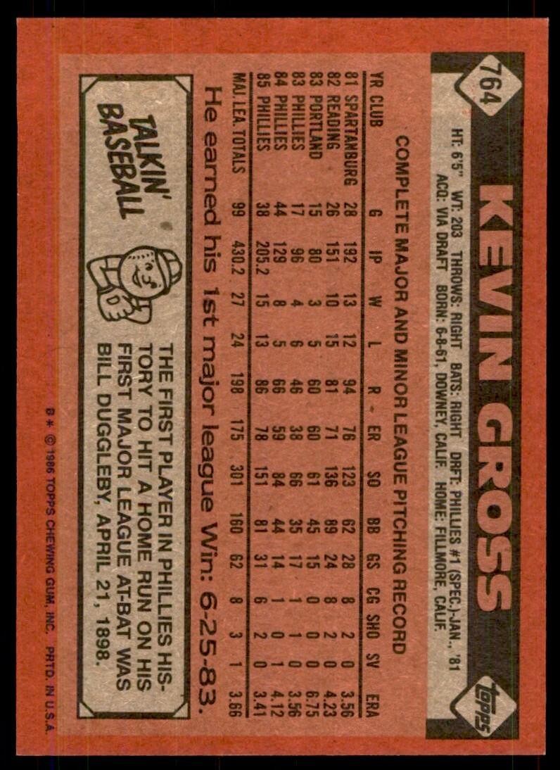 1986 Topps Baseball Card Kevin Gross AA Philadelphia Phillies #764