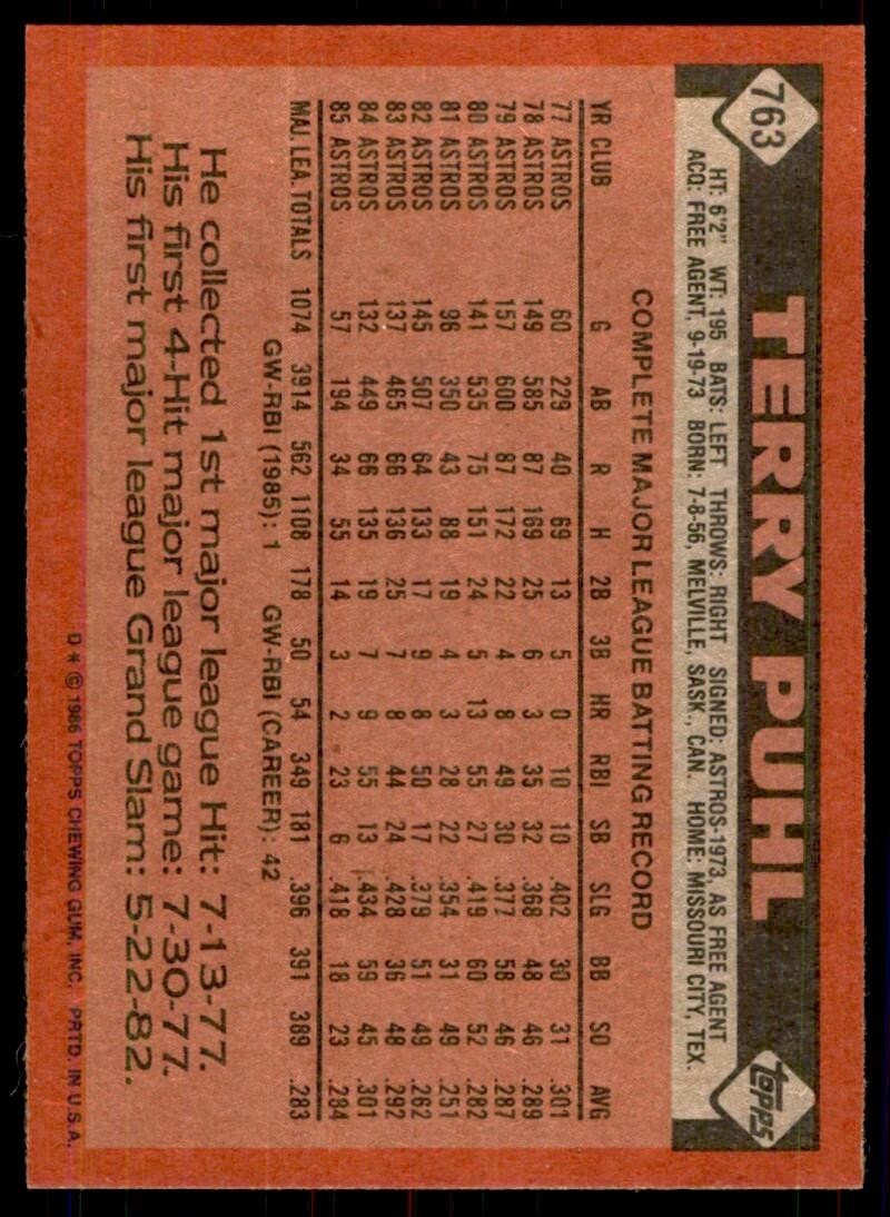 1986 Topps Baseball Card Terry Puhl BB Houston Astros #763