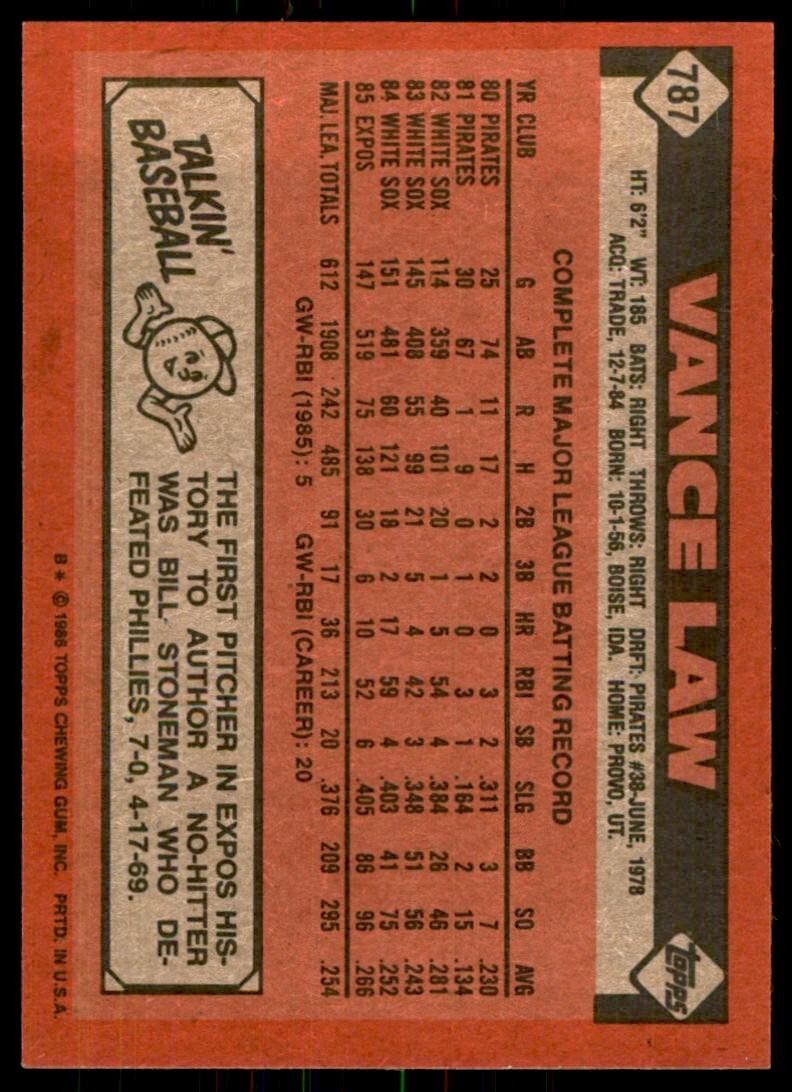 1986 Topps Baseball Card Vance Law C Montreal Expos #787