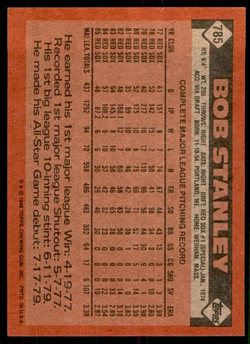 1986 Topps Baseball Card Bob Stanley A Boston Red Sox #785