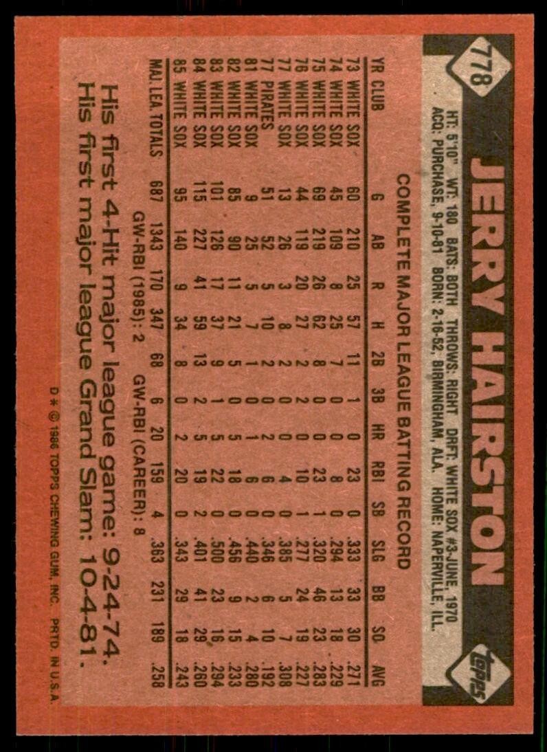 1986 Topps Baseball Card Jerry Hairston B Chicago White Sox #778