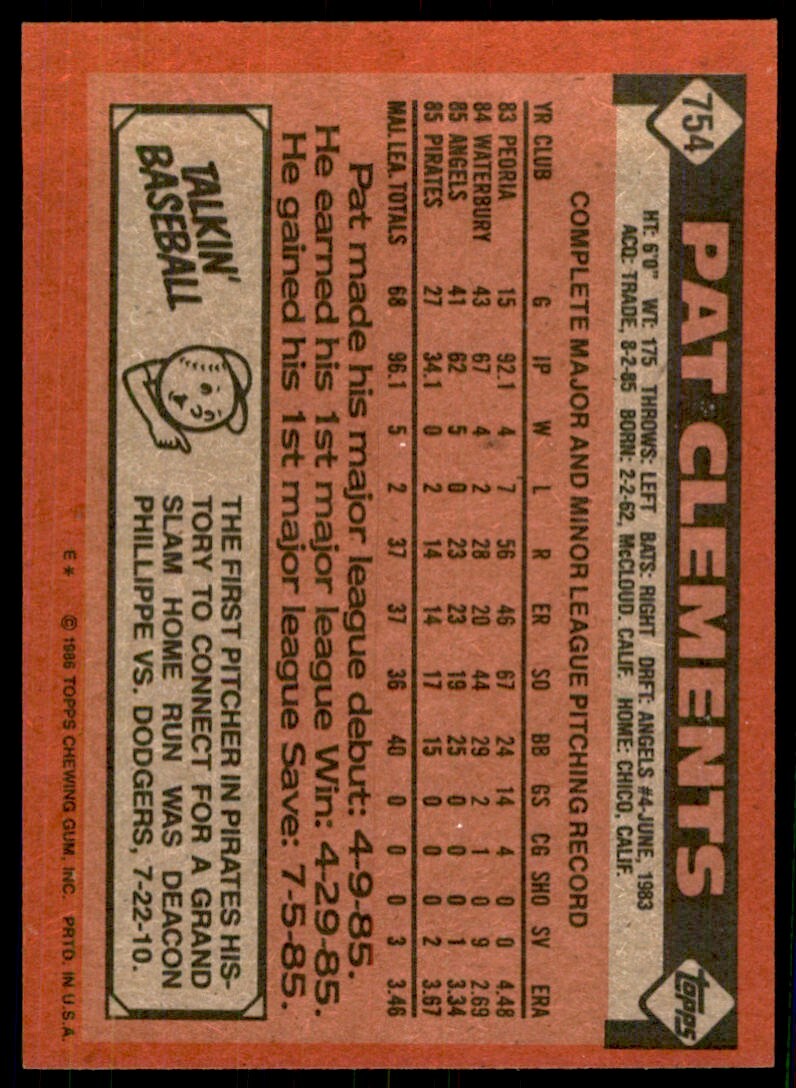 1986 Topps Baseball Card Pat Clements Rookie A Pittsburgh Pirates #754