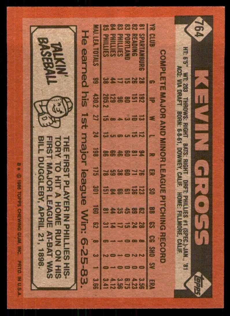 1986 Topps Baseball Card Kevin Gross Philadelphia Phillies #764