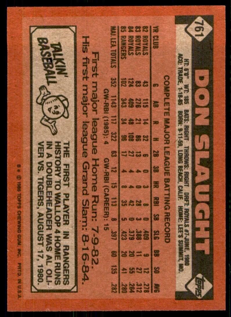 1986 Topps Baseball Card Don Slaught AA Texas Rangers #761