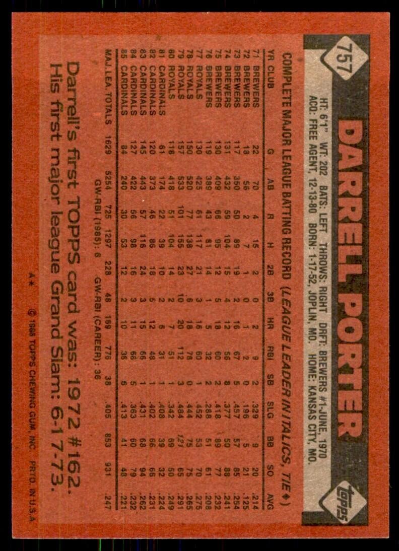 1986 Topps Baseball Card Darrell Porter St. Louis Cardinals #757
