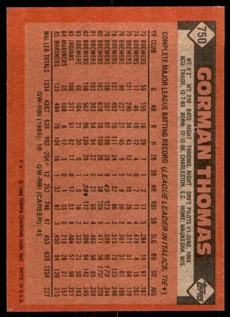 1986 Topps Baseball Card Gorman Thomas A Seattle Mariners #750