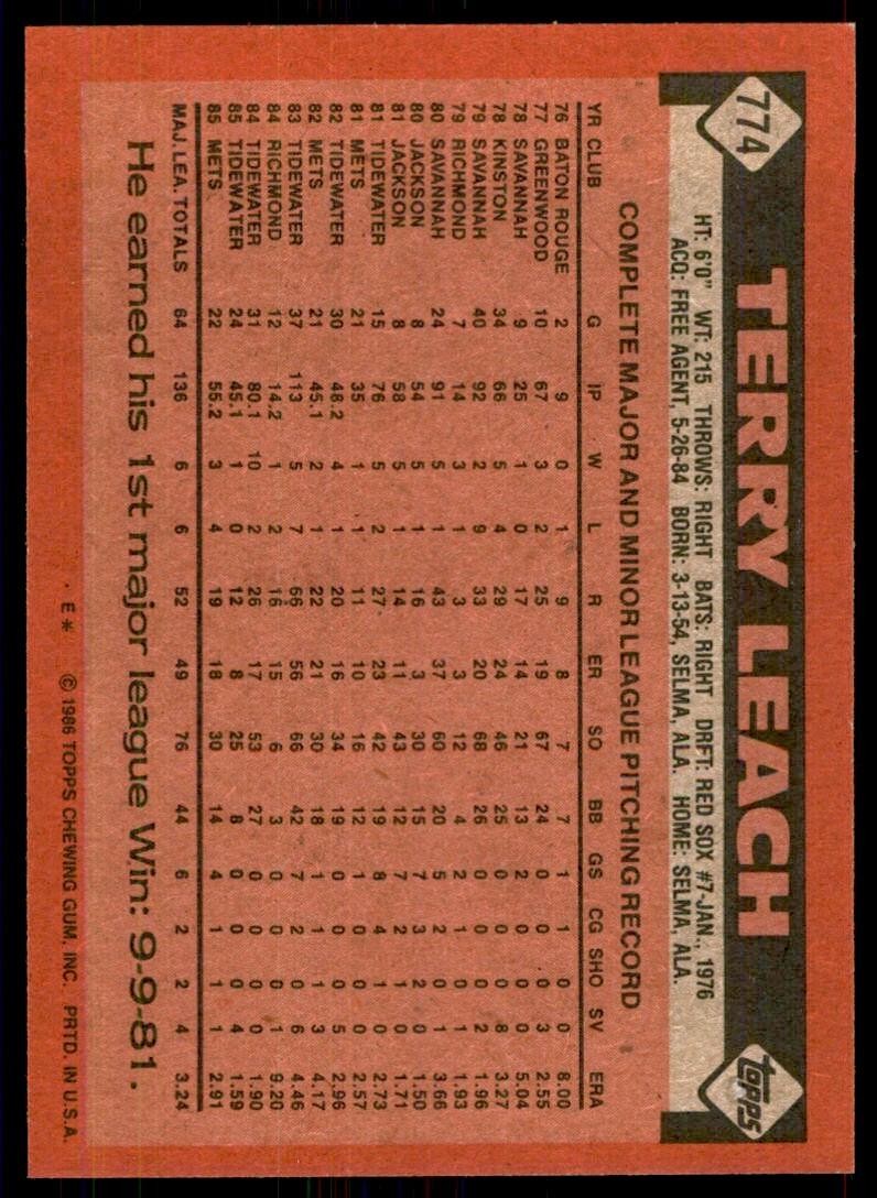1986 Topps Baseball Card Terry Leach A New York Mets #774
