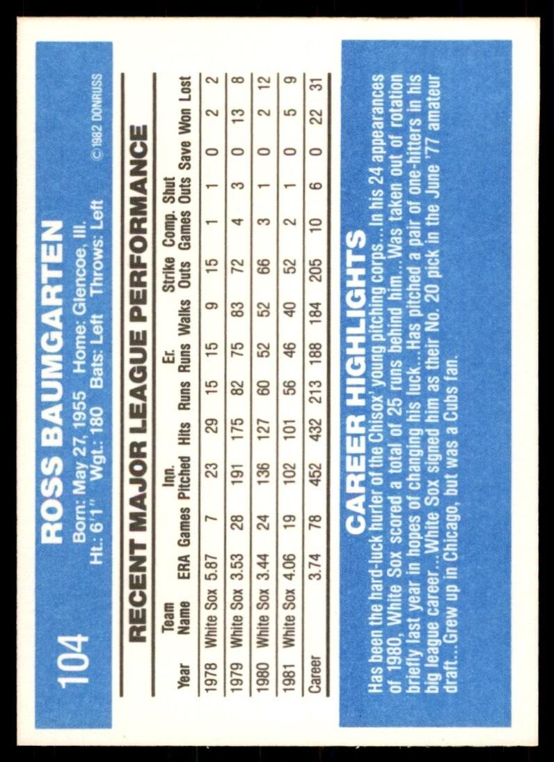 1982 Donruss Baseball Card Ross Baumgarten Chicago White Sox #104
