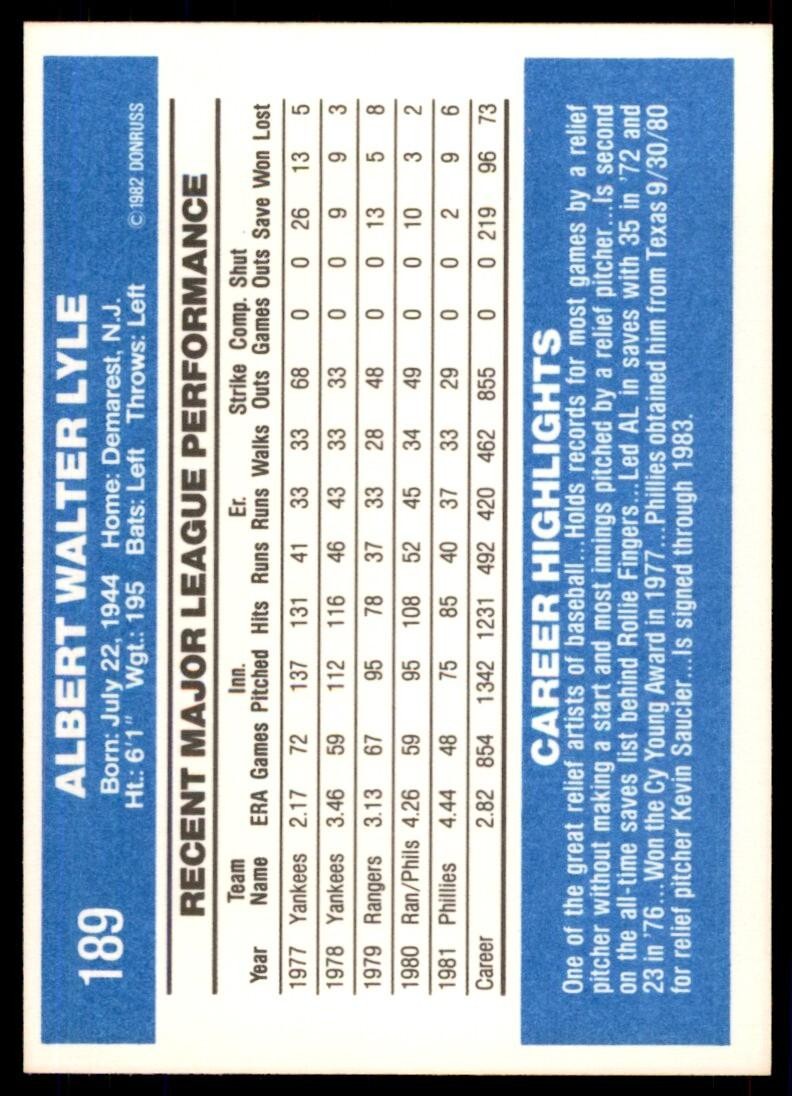 1982 Donruss Baseball Card Sparky Lyle Philadelphia Phillies #189